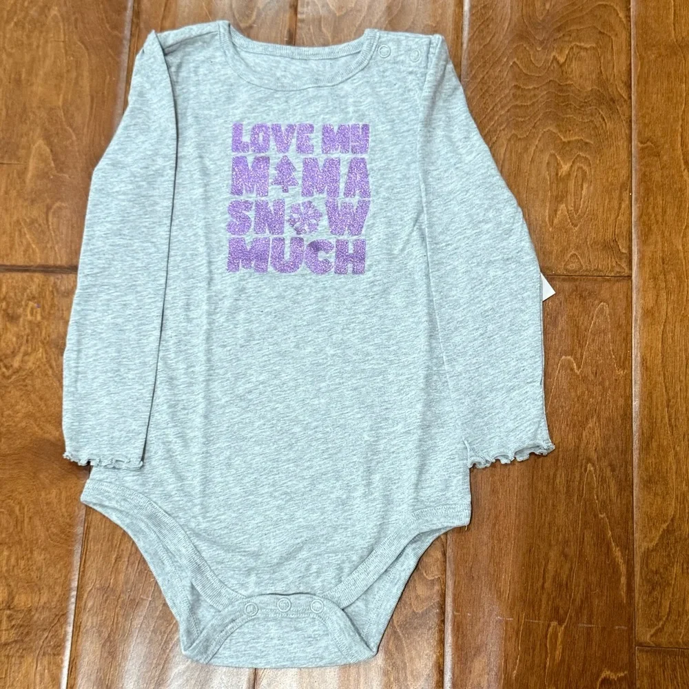 NWT Size 6-9M Garanimals winter Gray Long Sleeve Onesie & purple glitter print